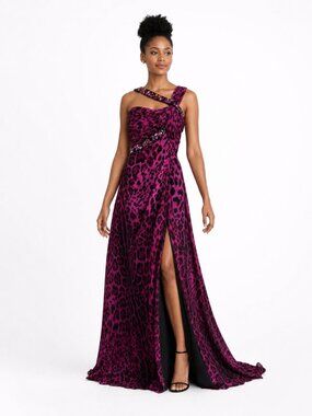 Cassandra Stone by Mac Duggal One-Shoulder Gown 2 Fuchsia Leopard Print Beaded